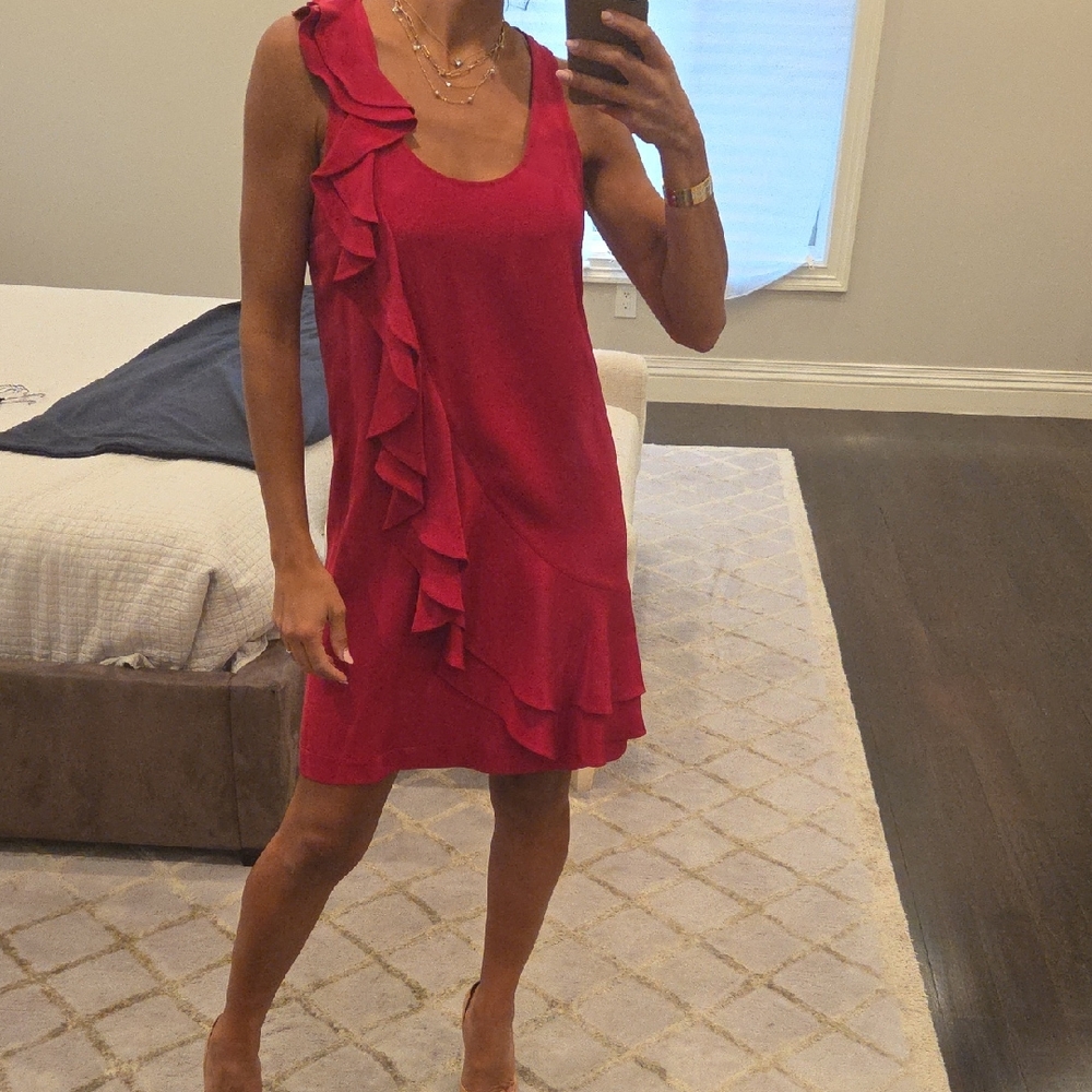 WOMEN'S ALI RO RED RUFFLE COCKTAIL SILK MINI DRESS Sz 6 $230